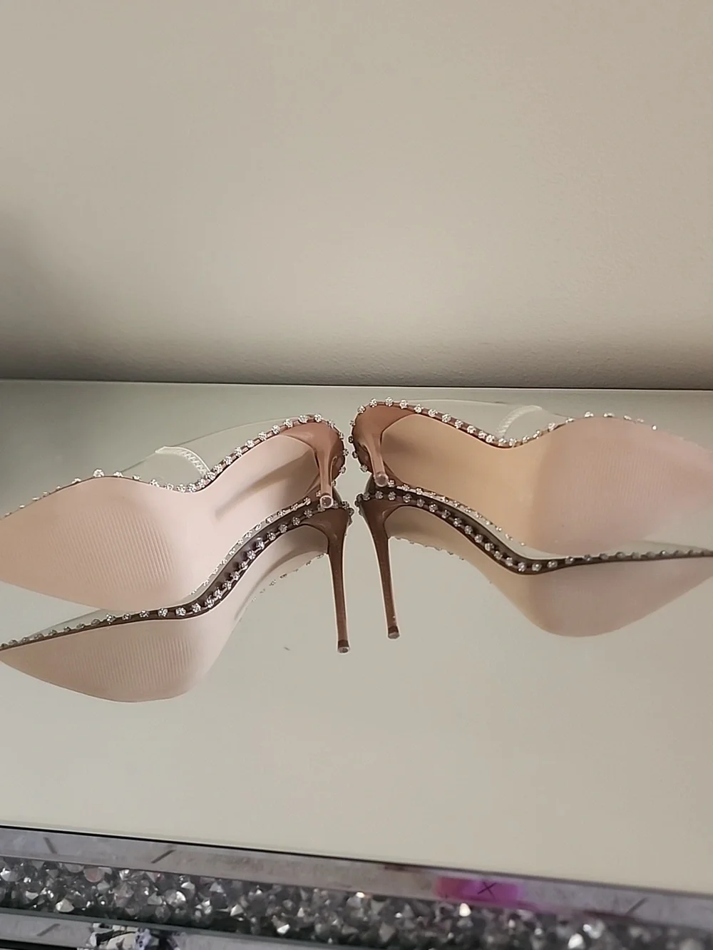 ♡♥︎♡ Steve Madden Classic Nude Clear PVC Crystal-Trim Stiletto Heels Size 8.5 - Picture 8 of 11